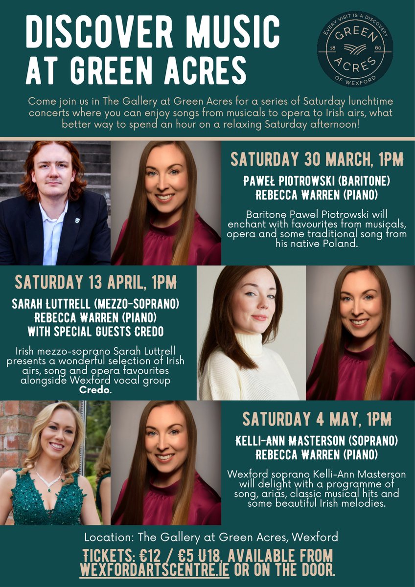 Heads-up for a new series of lunchtime concerts in Green Acres starting next Saturday. Tickets here: bit.ly/3vEbBxv #discovermusic #greenacreswexford