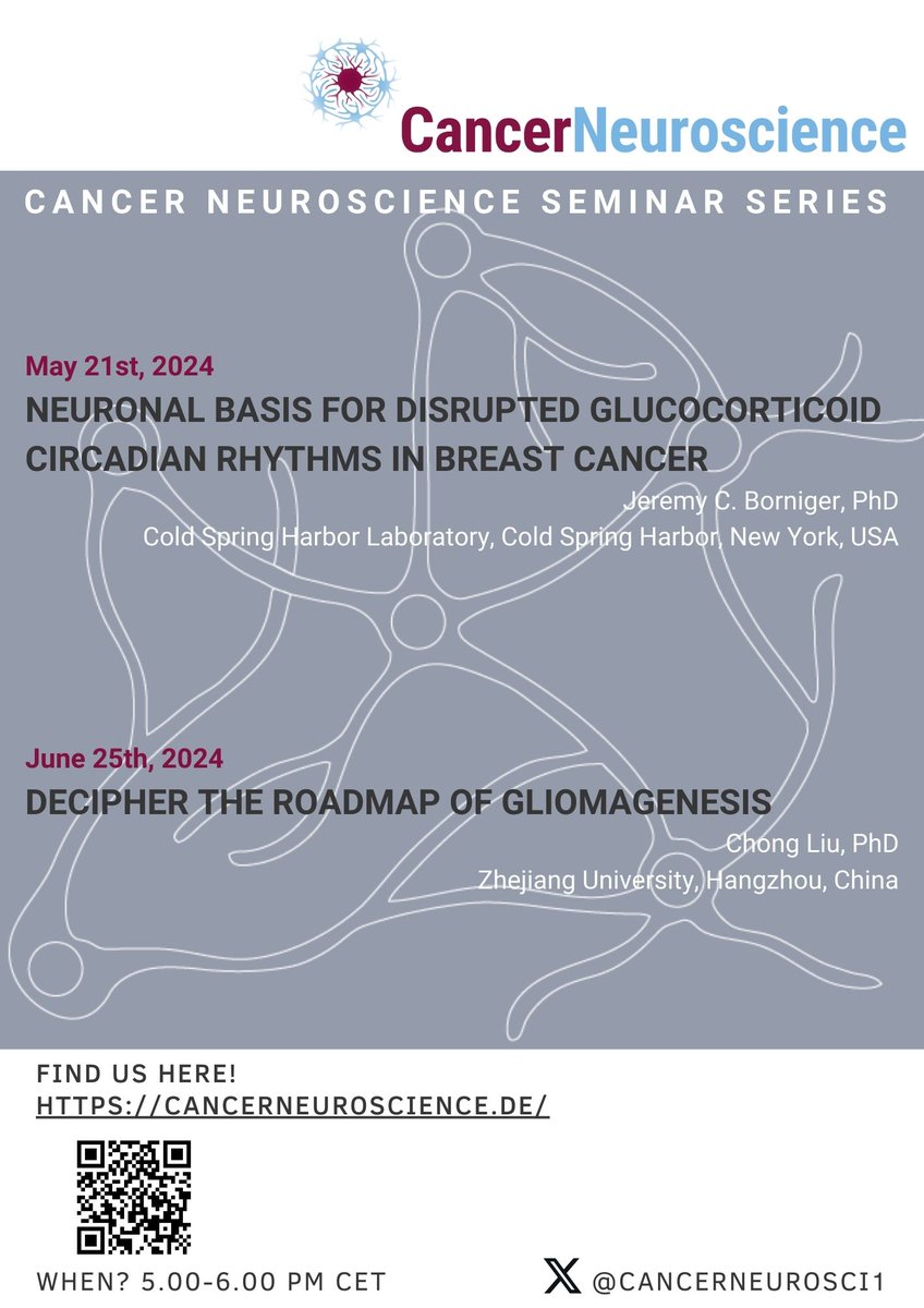 Check out our exciting upcoming #CancerNeuroscience virtual seminars and register now: 

May 21, Jeremy Borniger:
us06web.zoom.us/meeting/regist…

June 25, Chong Liu:
us06web.zoom.us/meeting/regist…

Find us here: cancerneuroscience.de