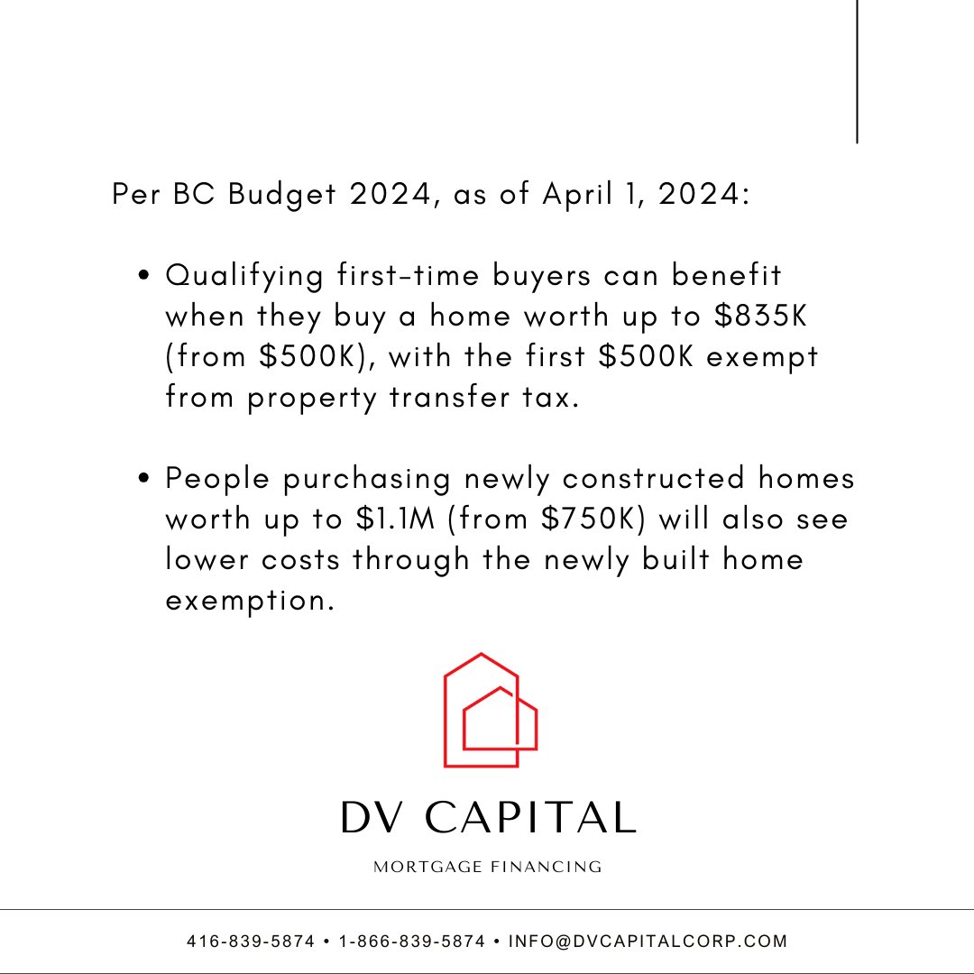 dvcapital_'s tweet photo. As of April 1, 2024:

•Qualifying first-time buyers buying a home worth up to $835K (from $500K), with the first $500K exempt from property transfer tax.

•Newly constructed homes worth up to $1.1M (from $750K) will see lower costs via the newly built home exemption.

#vanre https://t.co/lkfOLt9aWb
