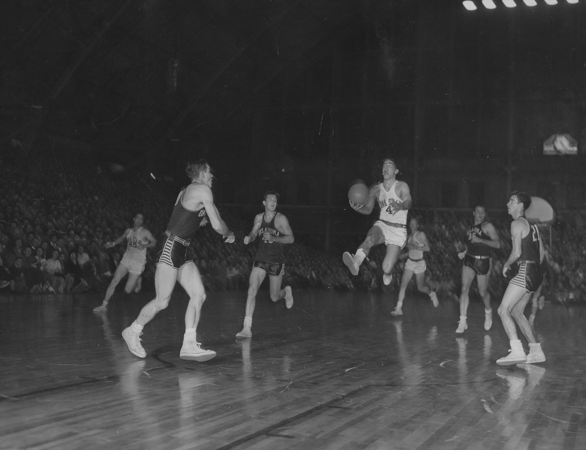 Cyclone guard Don Ferguson drives the lane against Oklahoma in 1948 at the Armory. #CyclONEnation