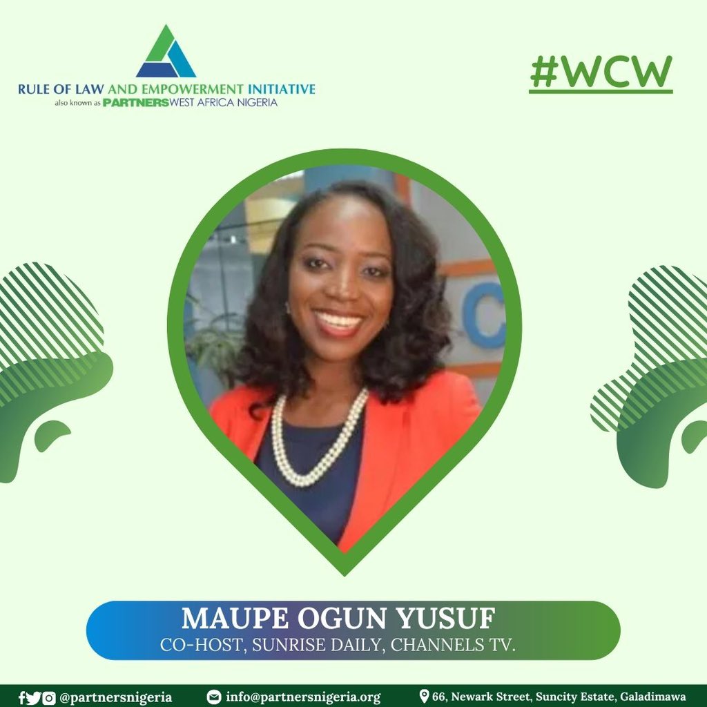 partnersnigeria's tweet photo. Our WCW for today is Maupe OgunYusuf @MaupeO. She is currently a co-host on one of Channels TV’s prominent current affairs programme, Sunrise Daily as well as the host of ChannelsTV’s Hard Copy.
 
She is a Broadcast Journalist, Program Presenter and News Reporter. She has an extensive background and over 13 years’ experience in the broadcast/media industry. She came into the broadcast industry in 2007 and proceeded to join Channels in 2009 where she worked on the International desk, producing and presenting programmers like ‘The World Today’ and ‘Diplomatic Channel’.

She is also an expert in research, information gathering, writing and reporting of news stories. She is often Commended for presenting the news in a very accurate and socially sensitive manner
She got profession achievements award from British Council UK Education Alumni Award in 2016. 

She also got Outstanding Television Broadcaster award from Nigerian Institute of Public Relations in 2019. She was also named among the best 100 by Sun Newspapers Women Leadership Award. She believes she’s not yet her at her peak until she interviews the president of the United States of America.

She is a graduate from University of Lagos where she had her B.A in English. She later proceeded to her Masters in International Relations and Development Studies at the University of East Anglia in Norwich. She is also an alumnus of Delta Steel Technical High School.

Keep Soaring!!!