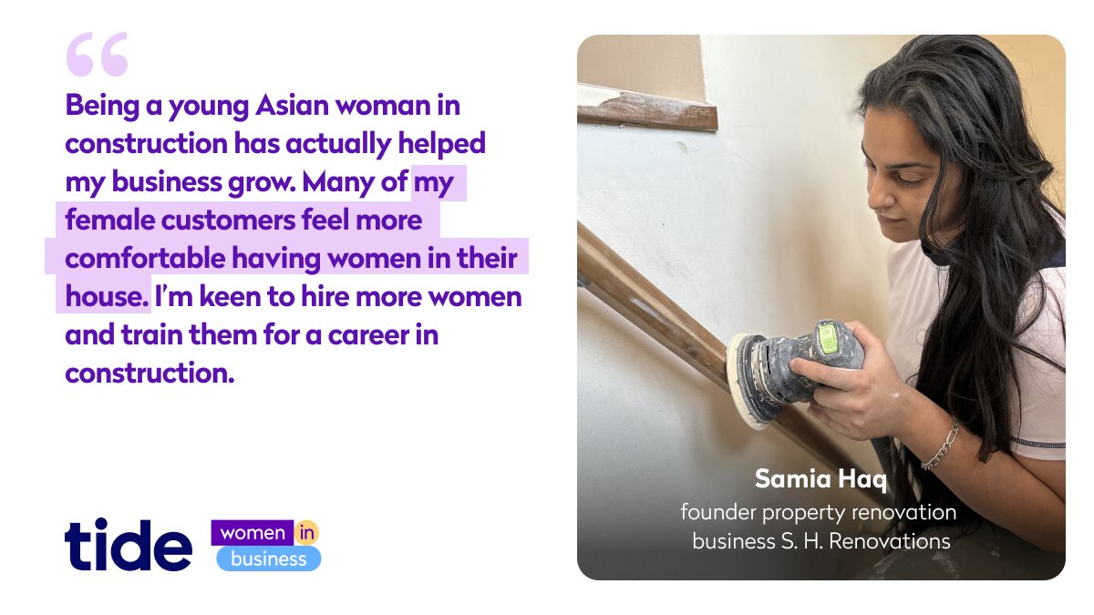We launched Tide’s Female Business UK Owners Index to deep dive into the journeys of our inspiring female members. Meet Sami who launched her business, S. H. Renovations, in 2020🛠️ 🔎 Learn more about our findings & our WIB programme's initiatives: bit.ly/3PD3DLU