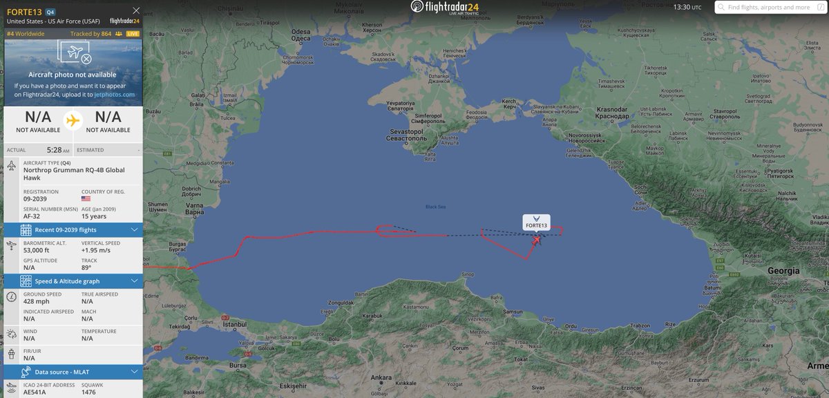 #USAF RQ-4B global hawk on the flight radar completing back and fouths over the black sea, 53K feet altitude, departure from sigonella naval station italy. #FORTE13 #AE541A