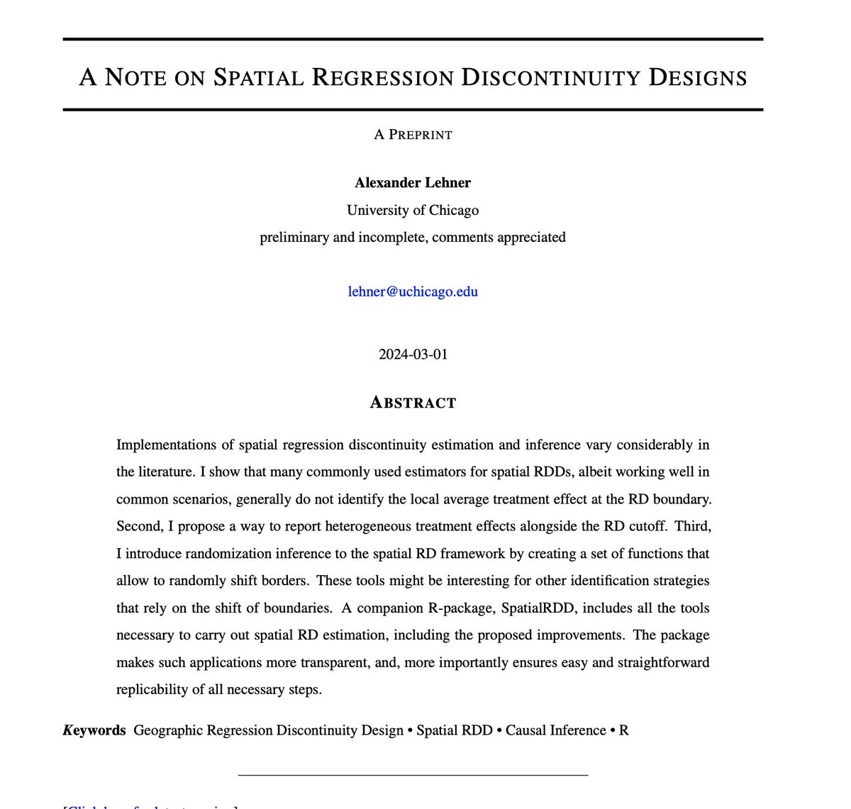 JohnHolbein1's tweet image. #RDDers this looks interesting "A Note on Spatial Regression Discontinuity Designs"

R package to boot: SpatialRDD

lehner.xyz/pdf/Lehner_Spa…