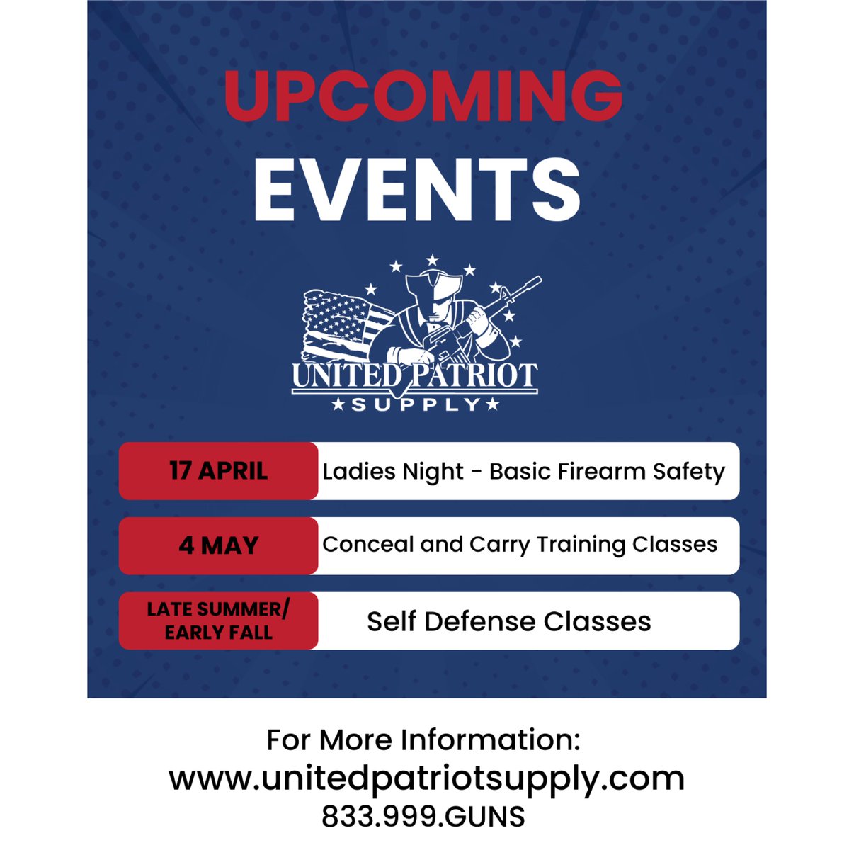 Stay tuned for upcoming classes and events at United Patriot Supply! #educateyourself #beprepared #SelfDefense #freedom #concealcarry #guns #firearms #defendthesecond #ammo