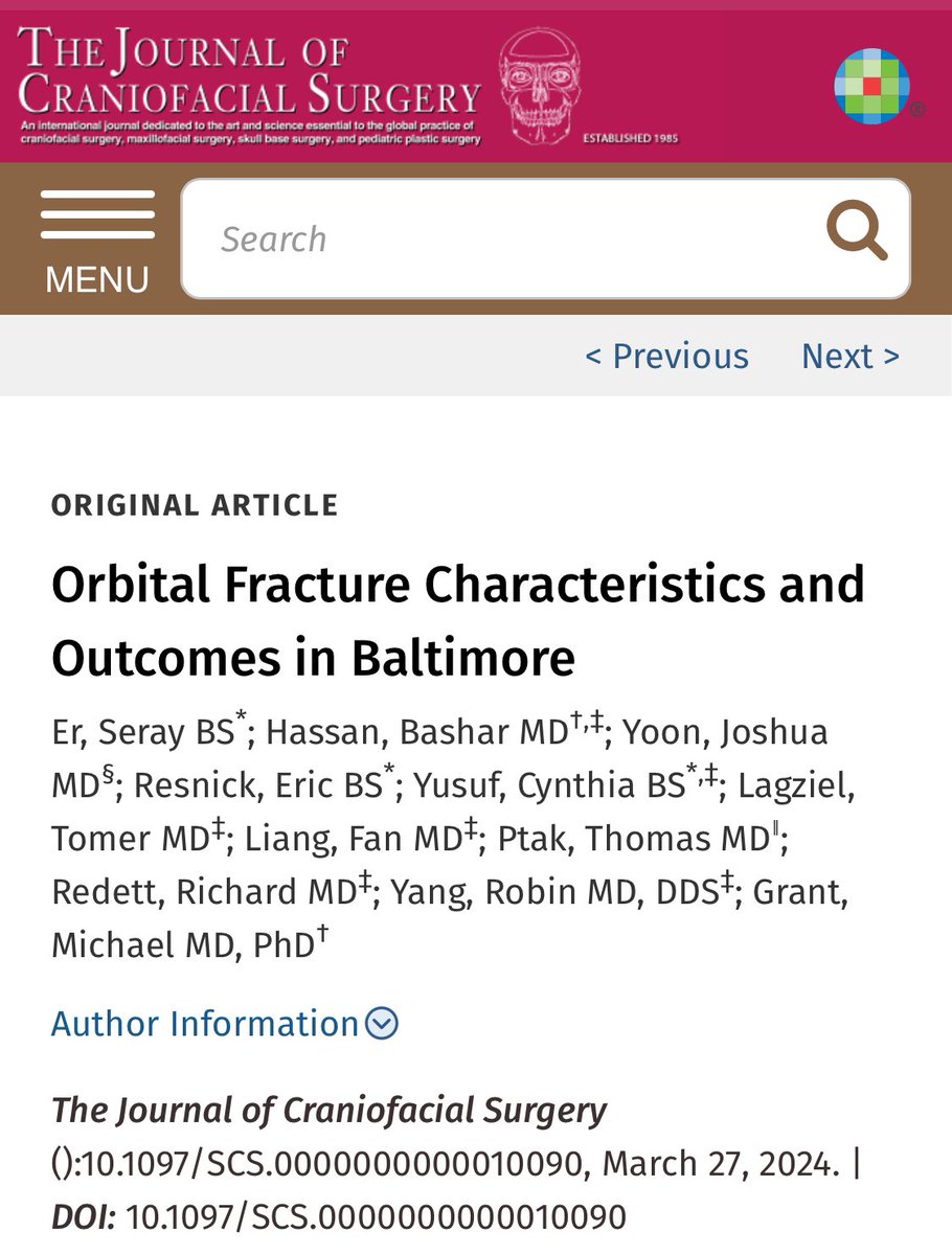 BasharHassanMD's tweet photo. Hot off the press in the Journal of Craniofacial Surgery! 

• Craniofacial fractures and TON:
https://t.co/UsZT2ZgkK6

• Orbital fractures in Baltimore:
https://t.co/o7ALWFe4oH

@shocktrauma @UMBaltimore @umms @HopkinsMedicine @HopkinsPlastic https://t.co/0eTViCWz9K