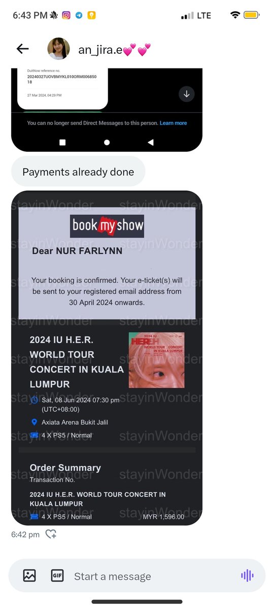 Kxinyi0's tweet photo. ‼️SCAMMER‼️
Don't easily trust someone when u buy tix from other person！You must know the risk！！Pls be careful ! This scammer that try to "sell" her concert tix USING OTHERS'S PURCHASE PROOF PIC TO SCAM PEOPLE!!‼️ #HER_World_Tour #IUinMY #IUinKL #HER_WORLD_TOUR_IN_KL https://t.co/kPx1OO4rSS