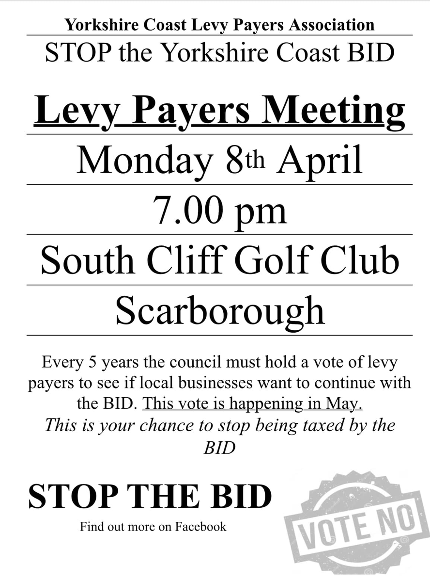 If you are Yorkshire Coast BID levy payer and don't want to pay the levy any more, then you know what to do ...... #BusinessImprovementDistrict #Yorkshire @Scarborough #Whitby #Filey #Hornsea #Bridlington #Withernsea #VoteNO