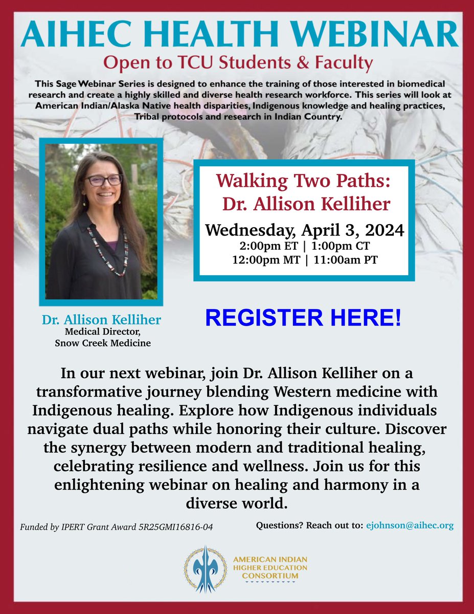aaipdocs's tweet photo. Interested in combining modern and traditional healing practices? Join the upcoming AIHEC Health Webinar on Wednesday, April 3rd, to see AAIP's Secretary and member physician, Dr. Allison Kelliher share her knowledge! 

To register, please visit: 
https://t.co/hGrko1OmOM https://t.co/ed1z1ZU7lD