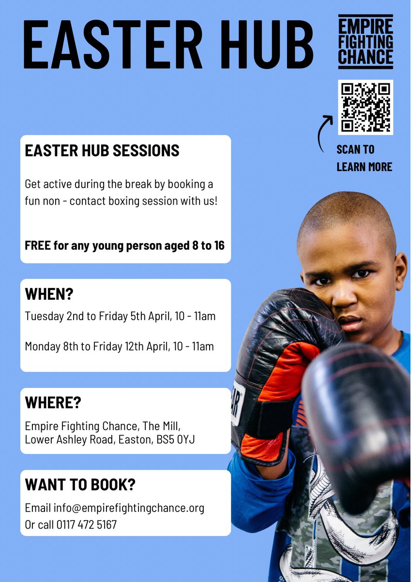 FREE Easter Hub 💥🥊 2nd - 5th April 10am-11am 8th - 12th April 10am-11am 📍Empire Fighting Chance 📧 Info@empirefightingchance.org 📞 01174725167