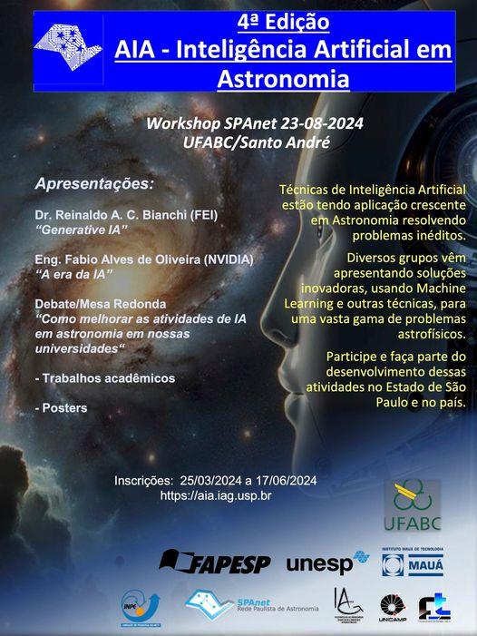 PGCAPINPE's tweet photo. AIA 2024, a 4a edição do workshop "Inteligência Artificial em Astronomia", promovida pela SPANet.
As inscrições já estão abertas através do site:
https://t.co/0YyEnTw9Qb https://t.co/sZCDROJ0Pi