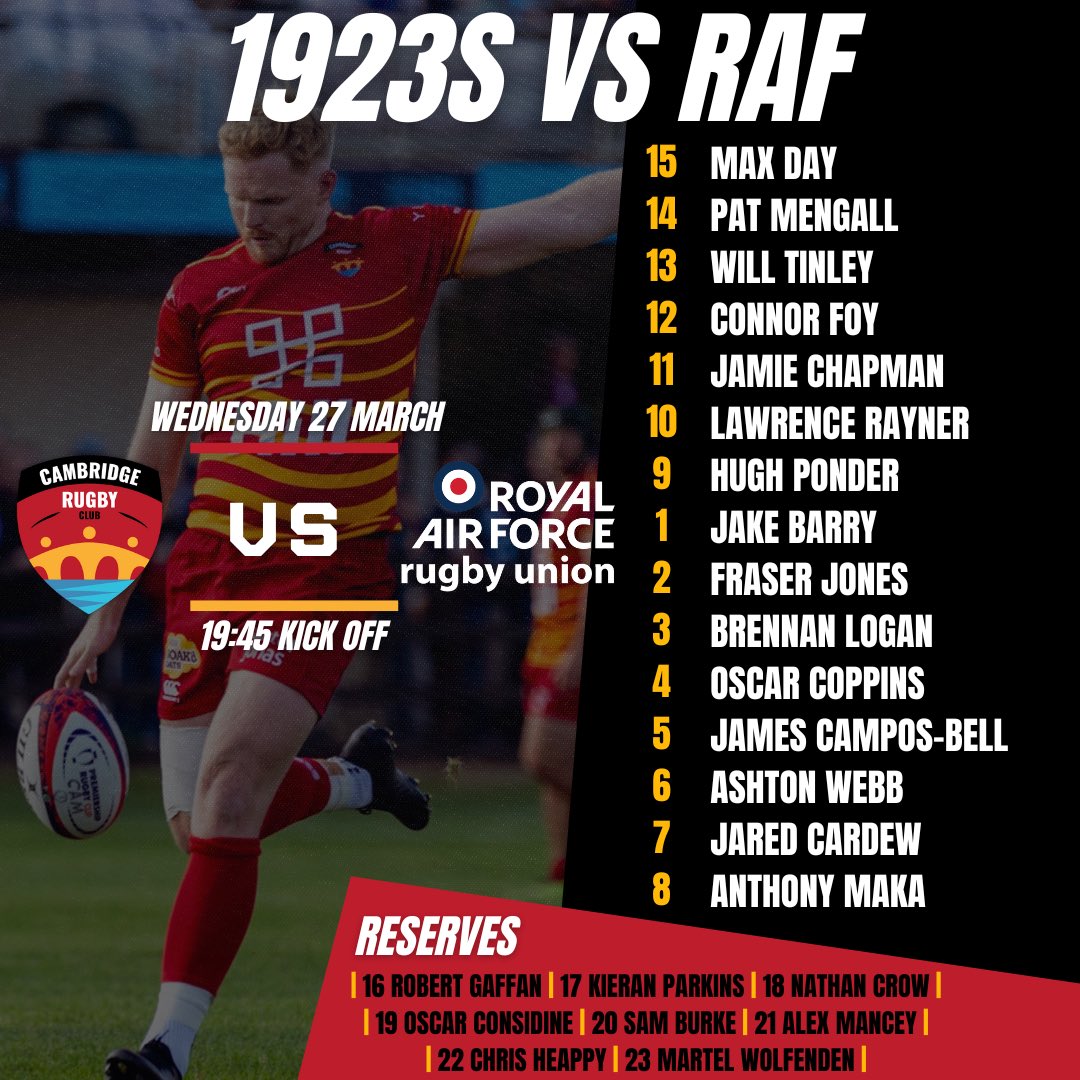 TEAM NEWS 📝 Head Coach Ben Scully has revealed his 1923s side set to face @RAFRugbyUnion tonight at Ellgia Fields 🔜 Join us from 7pm (7:45 kick off) for an evening of entertaining floodlit rugby 💡 Entry is free and the bar will be open 🍺🆓