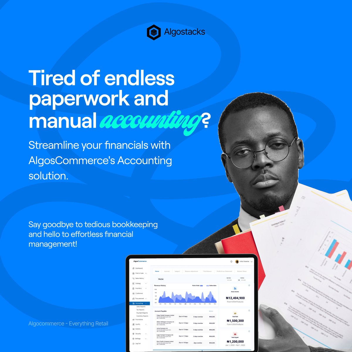 AlgoStacks_AI's tweet photo. Say goodbye to tedious bookkeeping and hello to effortless financial management when you streamline your financials with AlgosCommerce Accounting Solution. 

#saas #accountingsolution #softwaresolution #smallbusinessowner #businesssolutionsprovider #businessconsultant https://t.co/wQFnsUjHO2