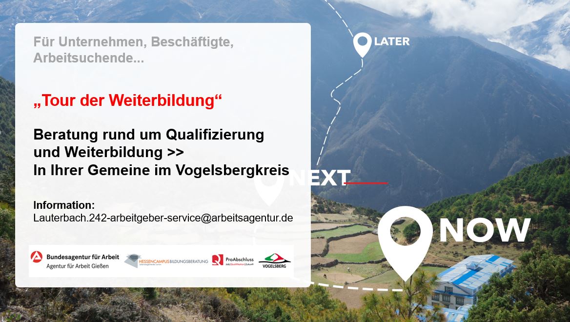 "Tour der Weiterbildung" durch den #Vogelsbergkreis

☑️Umfassende Beratung rund um das Thema #Weiterbildung und #Qualifizierung
☑️5. Juni | 10-15 Uhr | Gemeinde Mücke
☑️6. Juni | 10-15 Uhr | Feldahalle Feldatal
☑️Weitere Termine folgen ...

#Arbeitsagentur