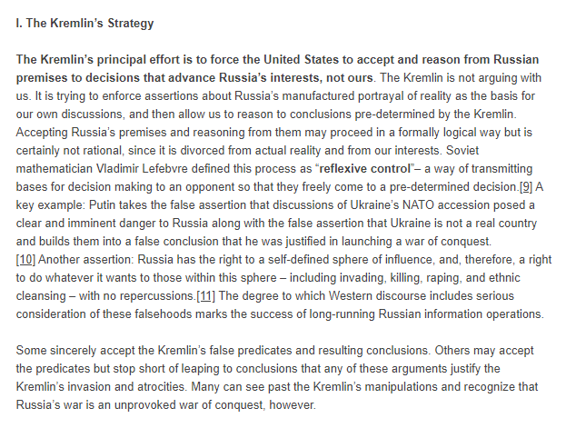 What is the Kremlin's strategy? The Kremlin’s principal effort is to force the United States to accept and reason from Russian premises to decisions that advance Russia’s interests, not ours. 🧵(1/6)
