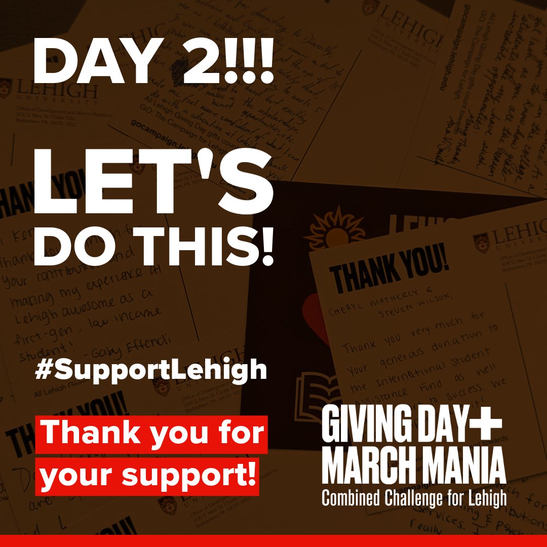 We're only just getting started! Day 2 of Giving Day + March Mania is here, and your support has already made waves across South Mountain! Let's keep the momentum rolling and make an even bigger impact today! givecampus.com/schools/Lehigh… #SupportLehigh