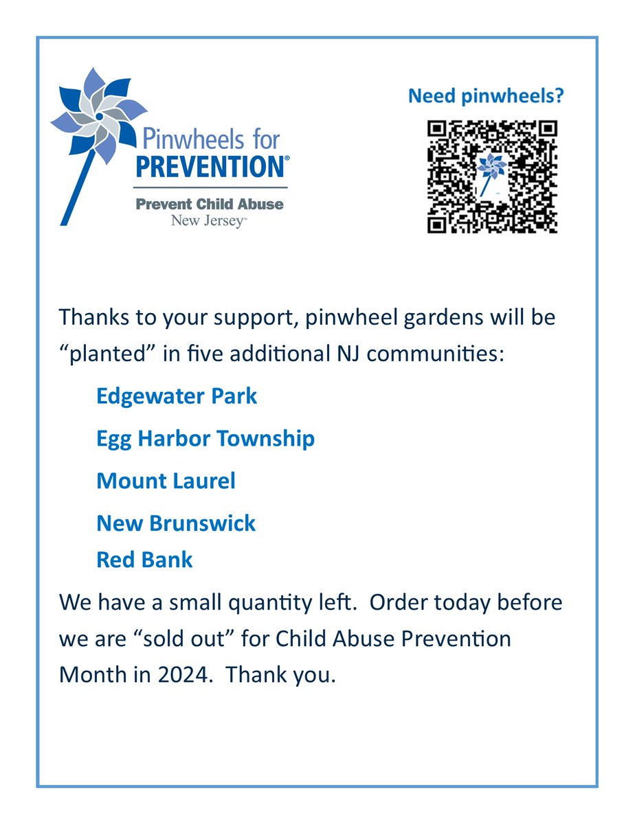 Friends - order your pinwheels today before we are officially 'sold out'. #CAPMonth preventchildabusenj.org/get-involved/p…