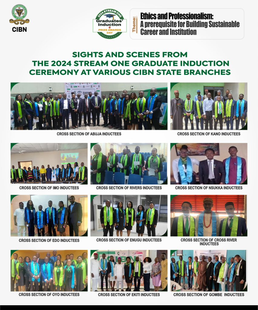 cibnigeria's tweet photo. Sights and Scenes from the 2024 Stream One Graduate Induction Ceremony at various CIBN State Branches.

Congratulations again to the Inductees 🎉🎉, may your banking professional journey be adorned with success.

#CIBNCares
#CIBNInduction
#statebranches https://t.co/F28FXMrjeX