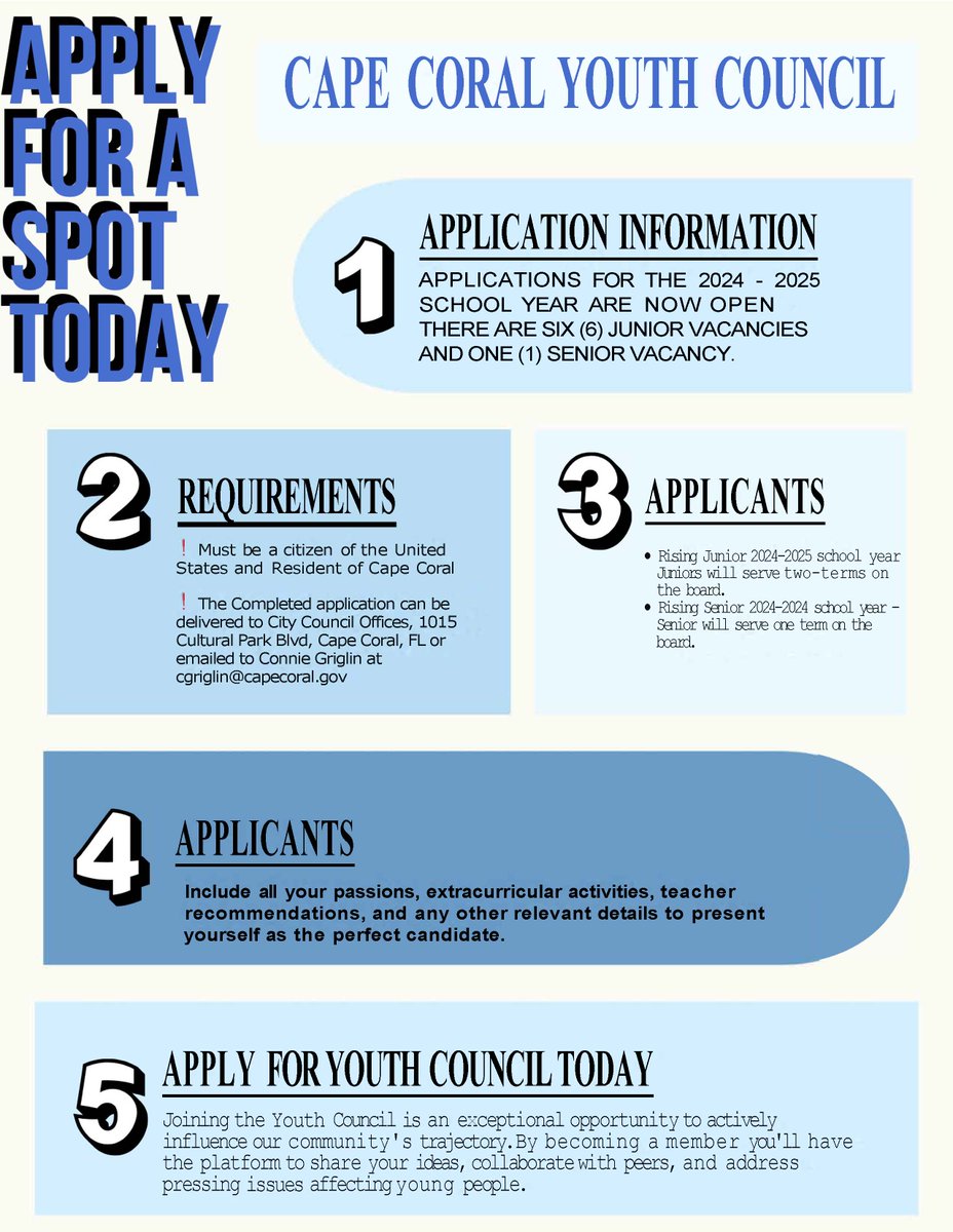 🌟 Cape Coral Youth Council seeks motivated individuals! Rising juniors serve May 2024 - April 2026, seniors serve May 2024 - April 2025. Apply by April 12, 2024. Visit bit.ly/4a5nJqk. #YouthCouncil #ApplyNow 🌟