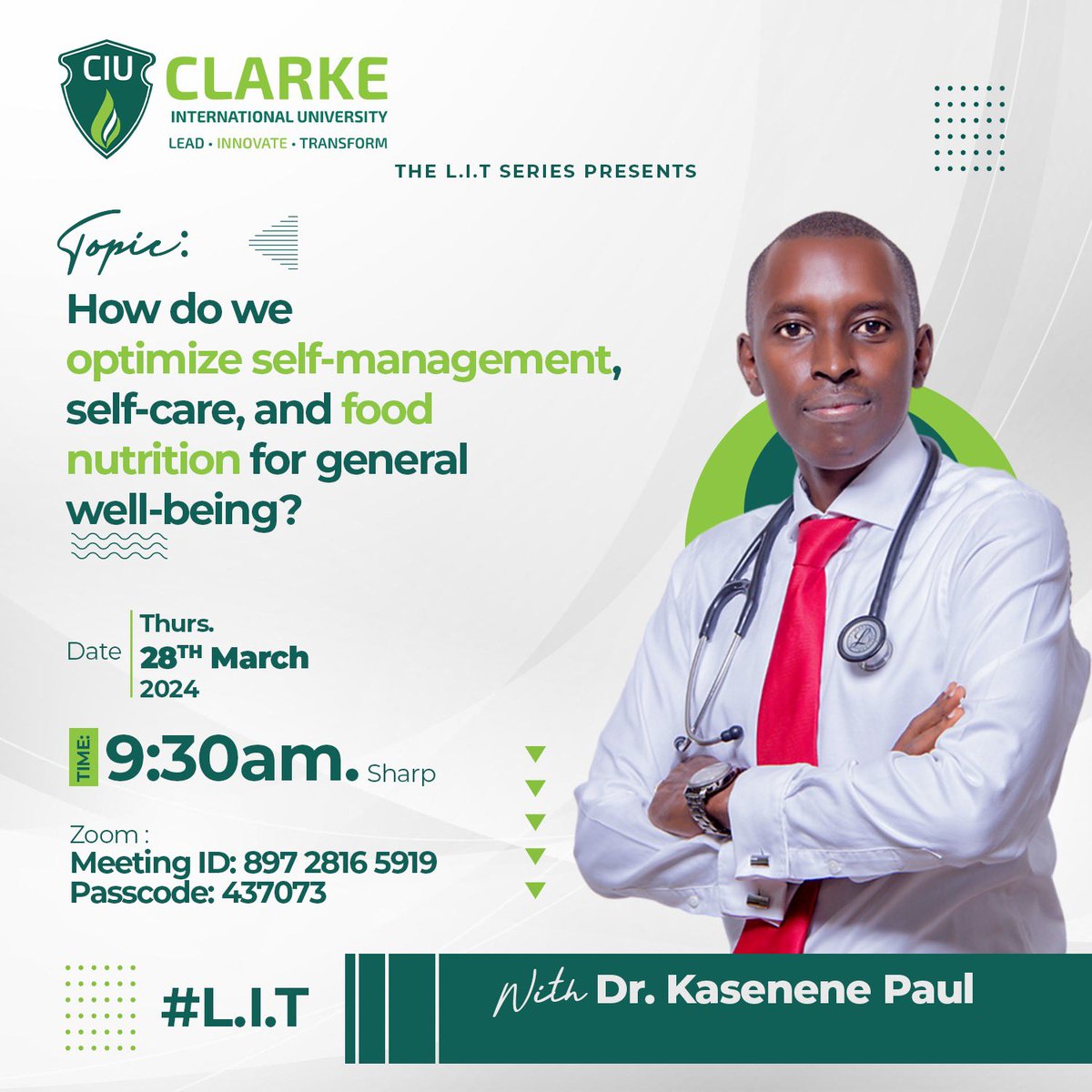 RoseNanyongaCla's tweet photo. Join us for 12 transformative leadership conversations this year! Thrilled to have Dr. @drkasenene join us for our 3rd conversation tomorrow morning exploring: enhancing self-management and self-care through nutrition for overall well-being. #leadingself #startwhereyouare @CIUuga https://t.co/jPASpzbest