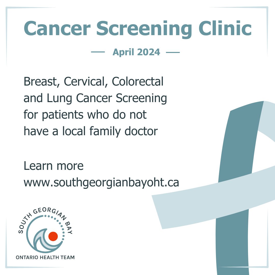 Are you due for a breast, cervical, colorectal or lung cancer screening? Patients who do not have a local family doctor or nurse practitioner can book an appointment at our Cancer Screening Clinic! To learn more and to book an appointment, visit southgeorgianbayoht.ca/cervical-cance… #OHTs