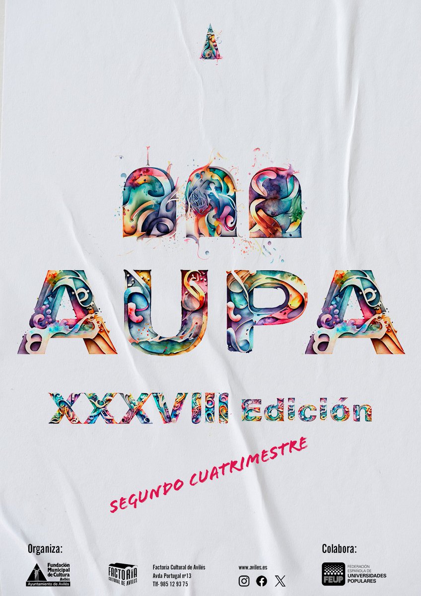 Ya está aquí la programación del segundo cuatrimestre de los cursos y talleres de AUPA XXXVIII.
La matrícula comenzará el 2 de abril y finalizará el día 7 de abril
Las clases comenzarán la semana el 8 de abril.
Puedes ver la programación en:
aupaviles.es/wp-content/upl…