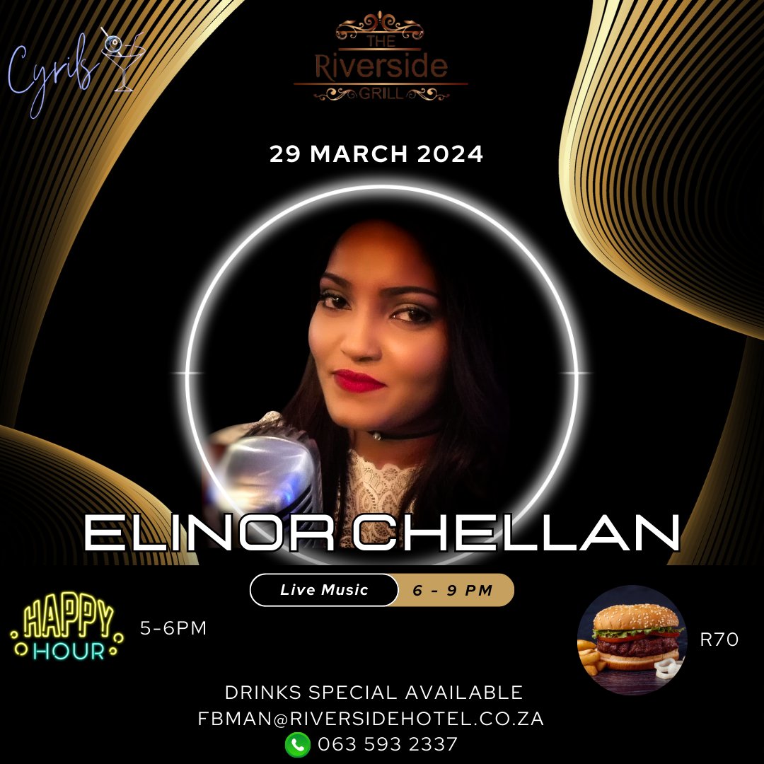 Join us this Friday the 29th March for live music with Elinor Chellan from 6pm -9pm. Reserve your tables by contacting fbman@riversidehotel.co.za or WhatsApp 063 593 2337. Let the Long weekend begin!!! #riversidegrill #easterweekend #weekendvibes #livemusic