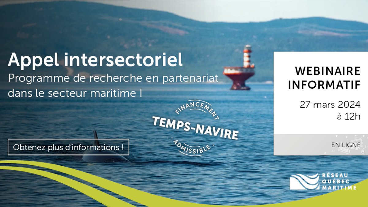 · RAPPEL · Webinaire informatif 🧑‍💻 Tout ce qu'il faut savoir pour soumettre une demande à l'appel intersectoriel en recherche maritime du @FRQ_NT et sur le nouveau fonctionnement du temps-navire. Venez poser vos questions! On vous attend en ligne à 12h HAE 👋