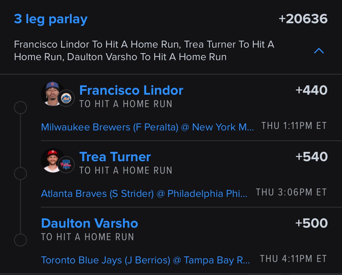 CPTwoThirds's tweet photo. Is Dinger Tuesday happening again @FDSportsbook ? 

Let's get warmed up and just hit a 3 leg HR parlay opening day: 

Francisco Lindor +440
Trea Turner +540
Daulton Varsho +500

$1 wins $206
$100 wins $20,600 https://t.co/jUjcPfbGiv