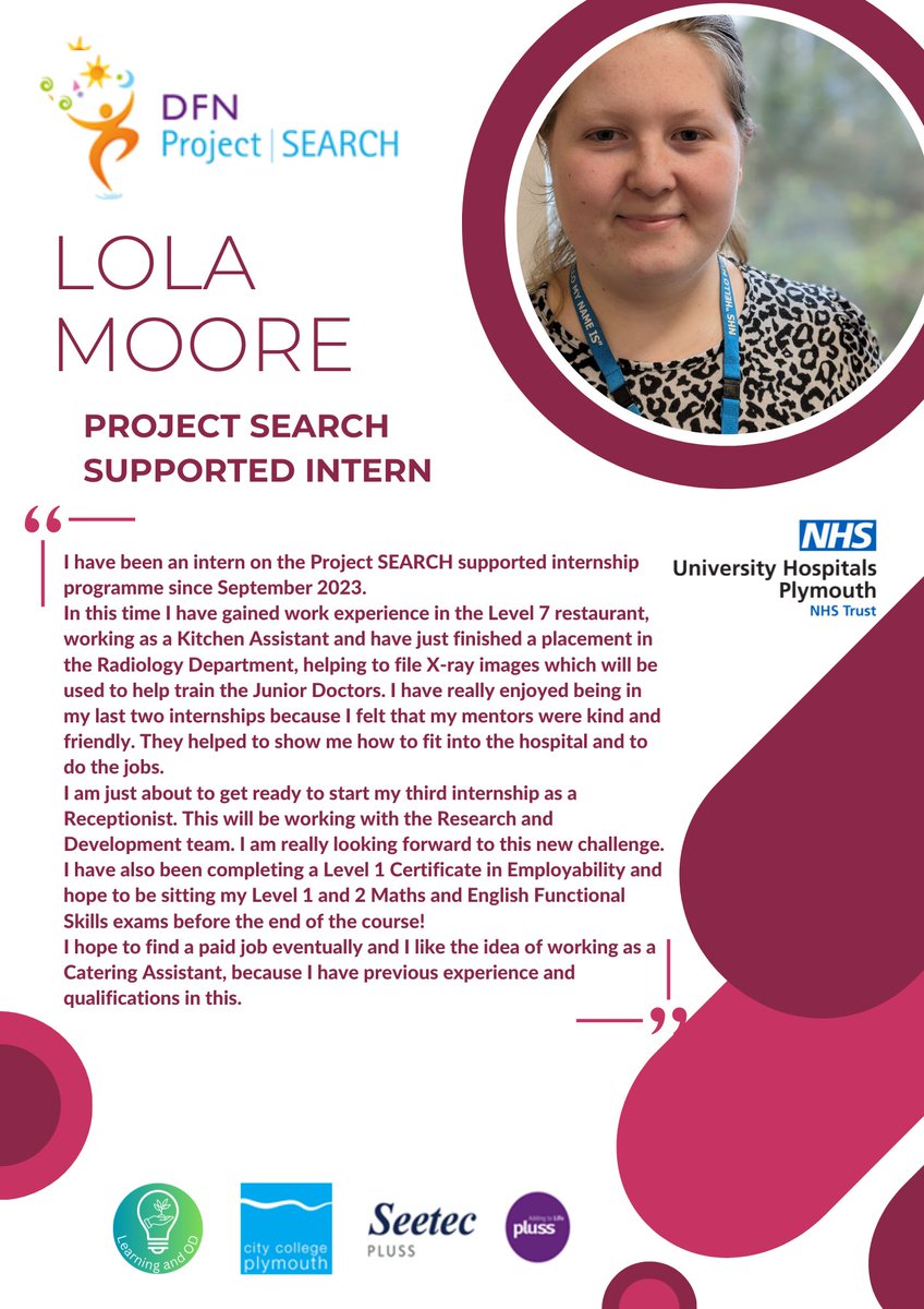 Supported internships are a fantastic way for young people to develop their skills and ultimately achieve their goal of meaningful paid employment. Checkout Lola's story below @UHP_NHS @projSEARCHPL @UHP_Workexp
