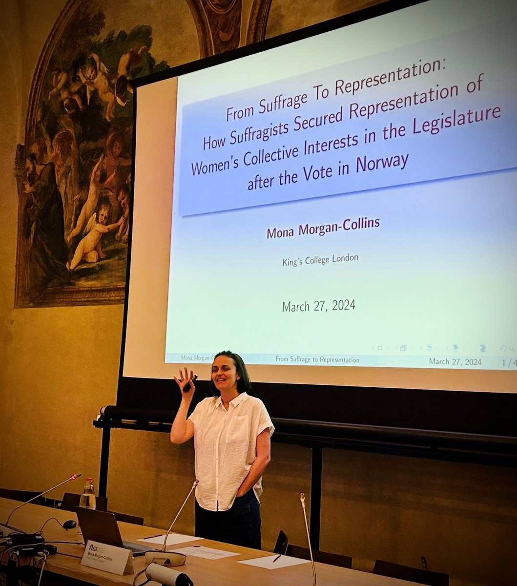 We are delighted to have Mona Morgan-Collins (@KingsCollegeLon) at the @EUI_EU! At today's session of the Swiss Chair Seminar Series, she is giving a talk on 'From suffrage to representation: How suffragists secured representation of women's collective interests in Norway'⤵️