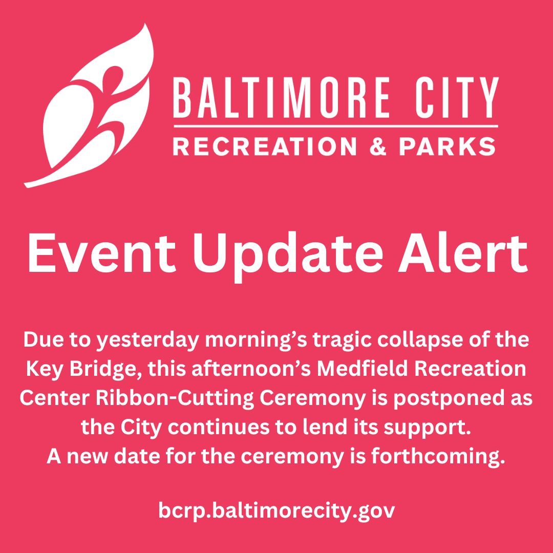 BCRP Alert (3/27/24): Due to yesterday morning’s tragic collapse of the Key Bridge, this afternoon’s Medfield Recreation Center Ribbon-Cutting Ceremony is postponed as the City continues to lend its support. A new date for the ceremony is forthcoming.