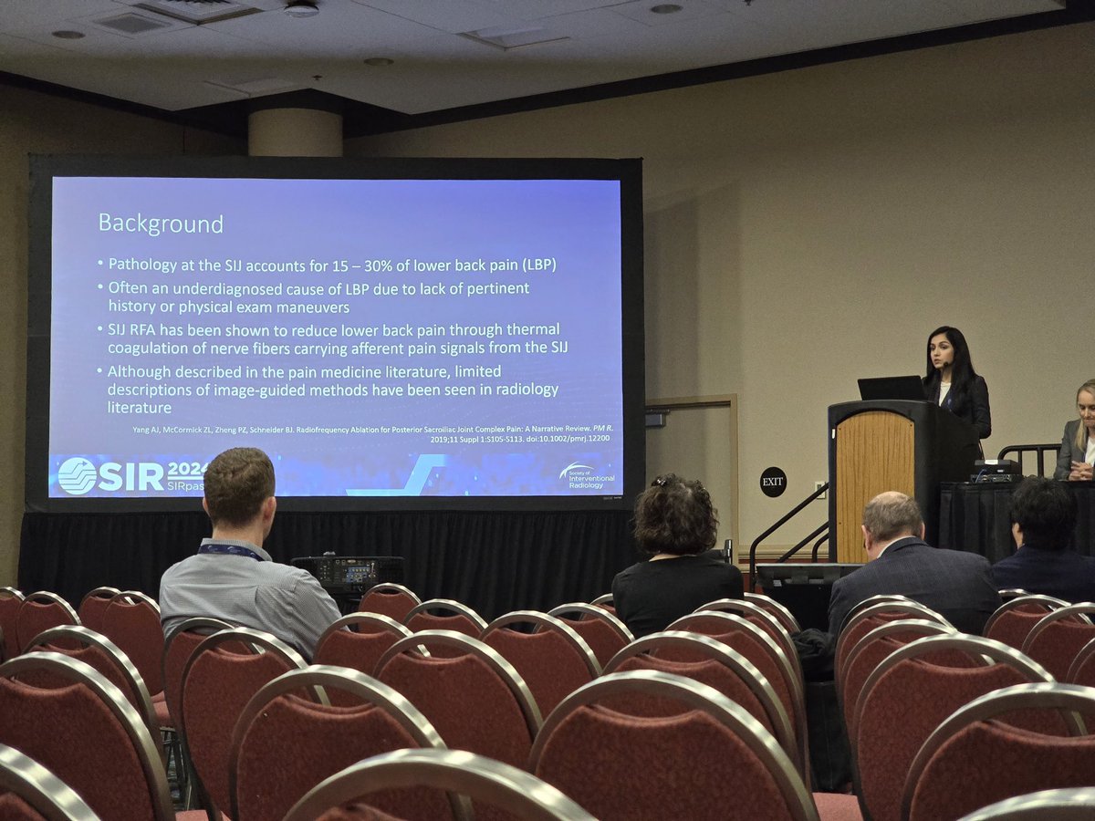 Excellent presentation by chief IR fellow @IvyChowdhury3 on the techniques for treating sacroiliac joint pain and the best targets for nerve ablation! Prone position with steep caudal angle is key to visualize S1 superior enplate. Best to target L5-S3 for maximal relief