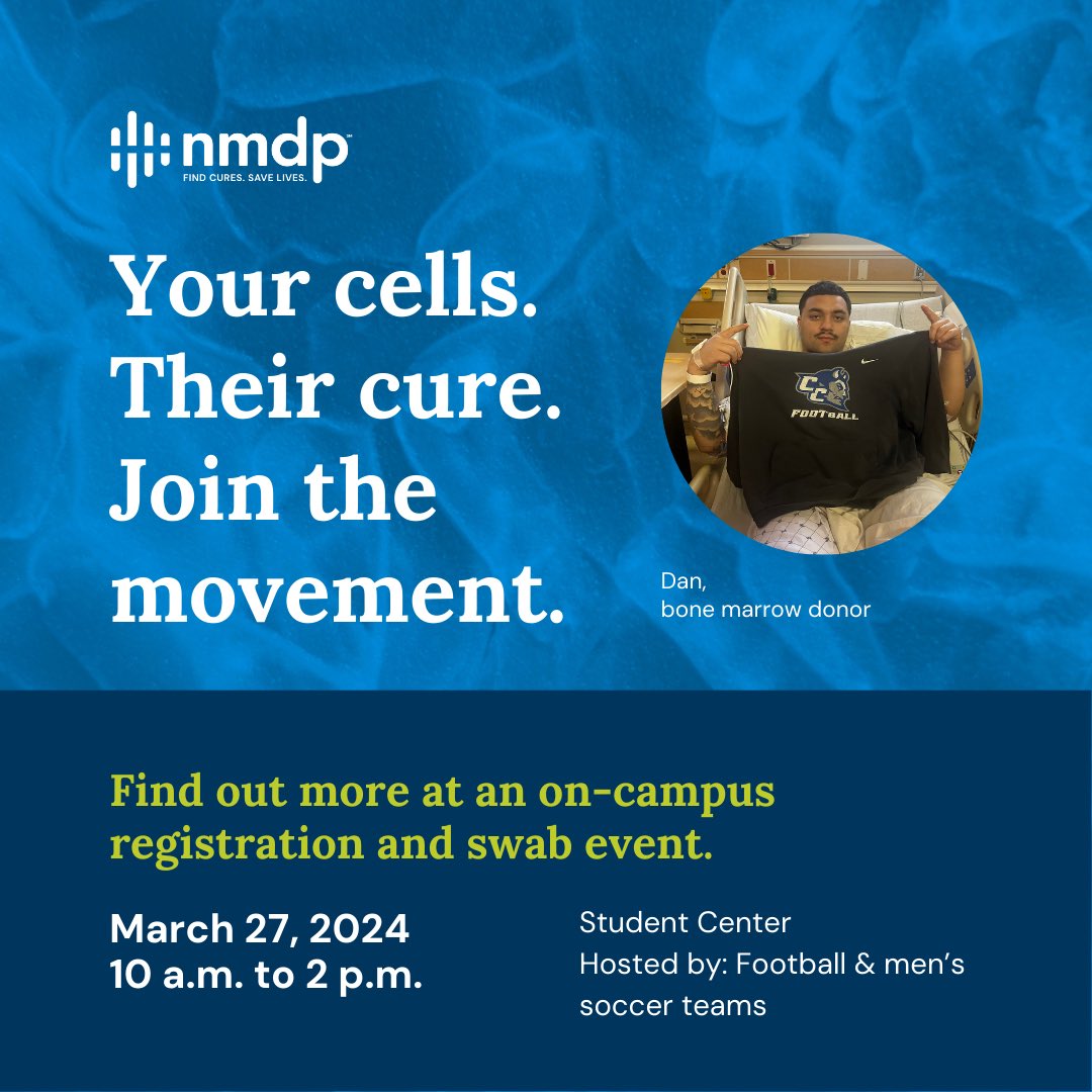 Join us today 10am-2pm in the student center and have the opportunity to talk to Dan Toatley(@DanToatley) about his experience with donating Bone Marrow. All we need is 5mins of your time. You can be the difference in someone’s life! 

#GetInTheGame