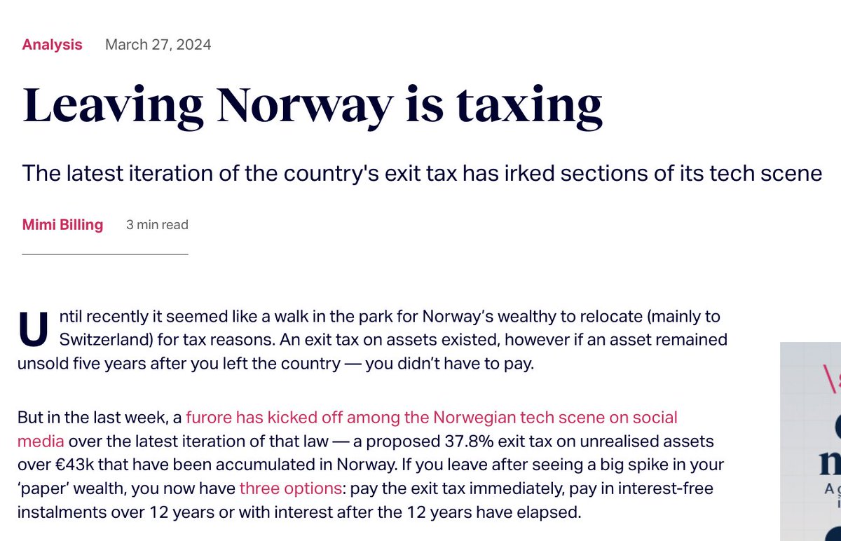 In case you've missed the recent discussions on the proposed exit tax in Norway and how it will impact startups, I wrote a few words for @Siftedeu's daily newsletter: sifted.eu/articles/leavi… #nordicmade #exittax