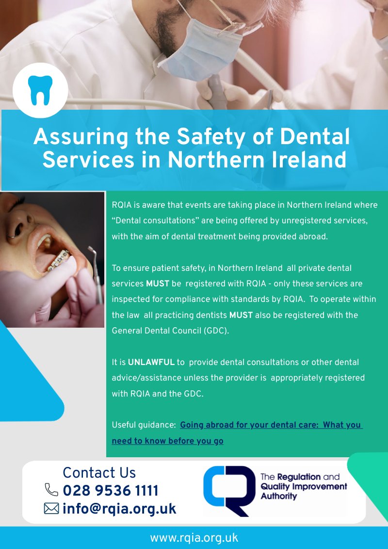RQIA is aware of planned events in Northern Ireland offering Dental consultations by unregistered services to provide dental treatment abroad. It's UNLAWFUL to provide dental consultations/assessments in NI unless registered with RQIA & @GDC_UK. @healthdpt @CarolineLappin @TheBDA
