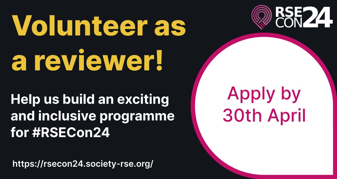 ICYMI the call for submissions to #RSECon24 is now open! 🎉
We are also calling for reviewers to help us build the best possible programme. If you want to contribute to the success of RSECon and can spare a little time for reviews, sign up by 30th April🙌
rsecon24.society-rse.org