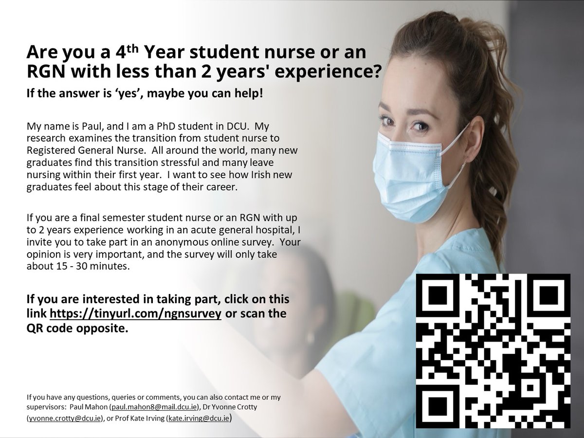 Last few weeks to have your say! All 4th yr general nursing students and nurses with < 2 yrs experience – please consider taking part in my study into new graduate nurse transition to practice. See tinyurl.com/ngnsurvey for more info. Your opinion is important & valued.