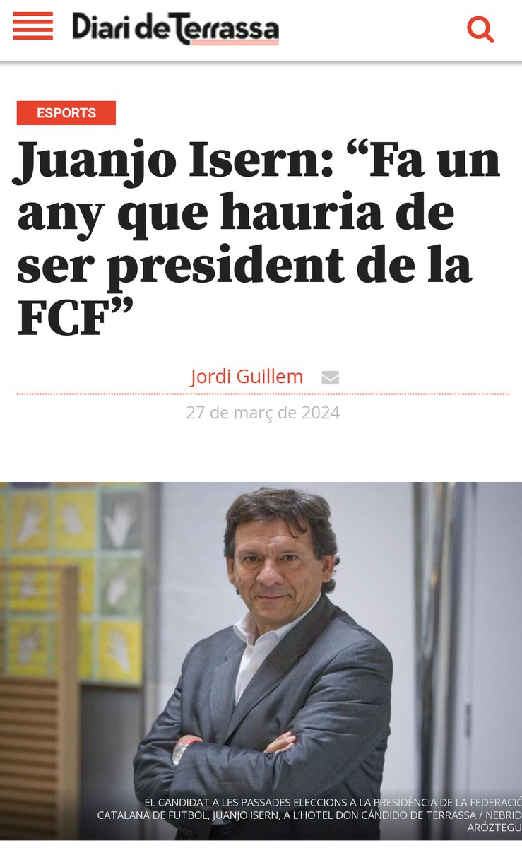 JuanjoIsernFCF's tweet photo. 🔴 Diari de Terrassa 🗞️ Juanjo Isern: "Fa un any que hauria de ser president de la FCF"

#futbolcat #futsalcat

👉🏼 https://t.co/affjEhxNtu https://t.co/IsitAwtlJN