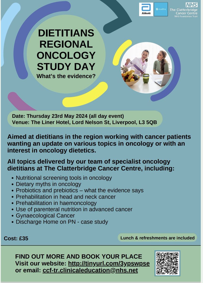 Glad to announce our Dietetic Team @CCCNHS holding the “Regional Oncology Study Day” on 23rd May 2024. Aimed at oncology dietitians in the region wanting an update or with an interest in oncology dietetics. Registration & Fee details are on the flyer. LIMITED PLACES ONLY.