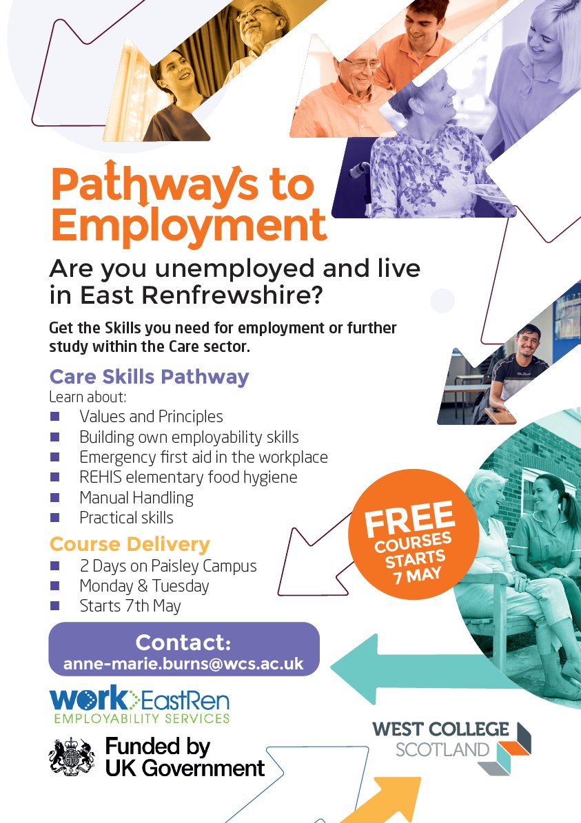 A two day course for those living in East Renfrewshire who are currently unemployed. @WestCollScot are running a free two day course at their Paisley campus to allow you to gain skills for working within the care sector 🤩 ⬇️More info @stninianshigh