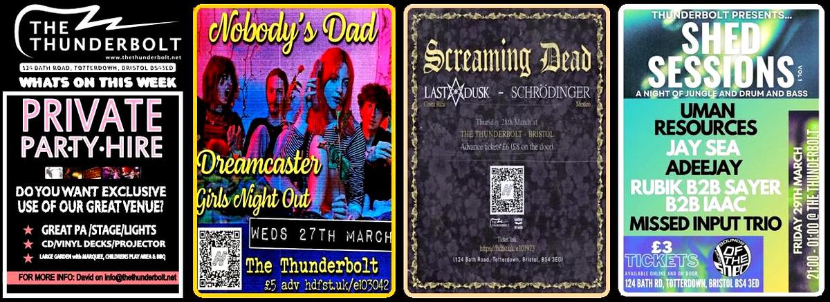 📷THIS WEEK @ The Thunderbolt📷 📷TONIGHT!!! 27/3/24: NOBODY`S DAD + Support Tix £5 adv from Hdfst.uk/e101973 📷THURS: 28/3/24: SCREAMING DEAD + Support Tix £6 adv from hdsft.uk/e101973 📷FRI: 29/3/24: Drum & Bass Night Tix just £3 hdfst.uk/e105708