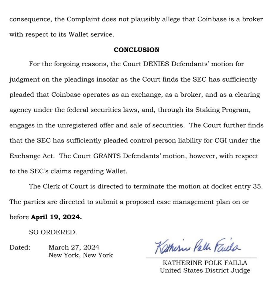 🚨BREAKING: Judge Failla has denied <a href="/coinbase/">Coinbase 🛡️</a>’s motion to dismiss and will allow the <a href="/SECGov/">U.S. Securities and Exchange Commission</a> to continue with its case against the company in regards to the allegation that it operates as an unregistered exchange, broker, clearing agency and through its Staking Program “engages