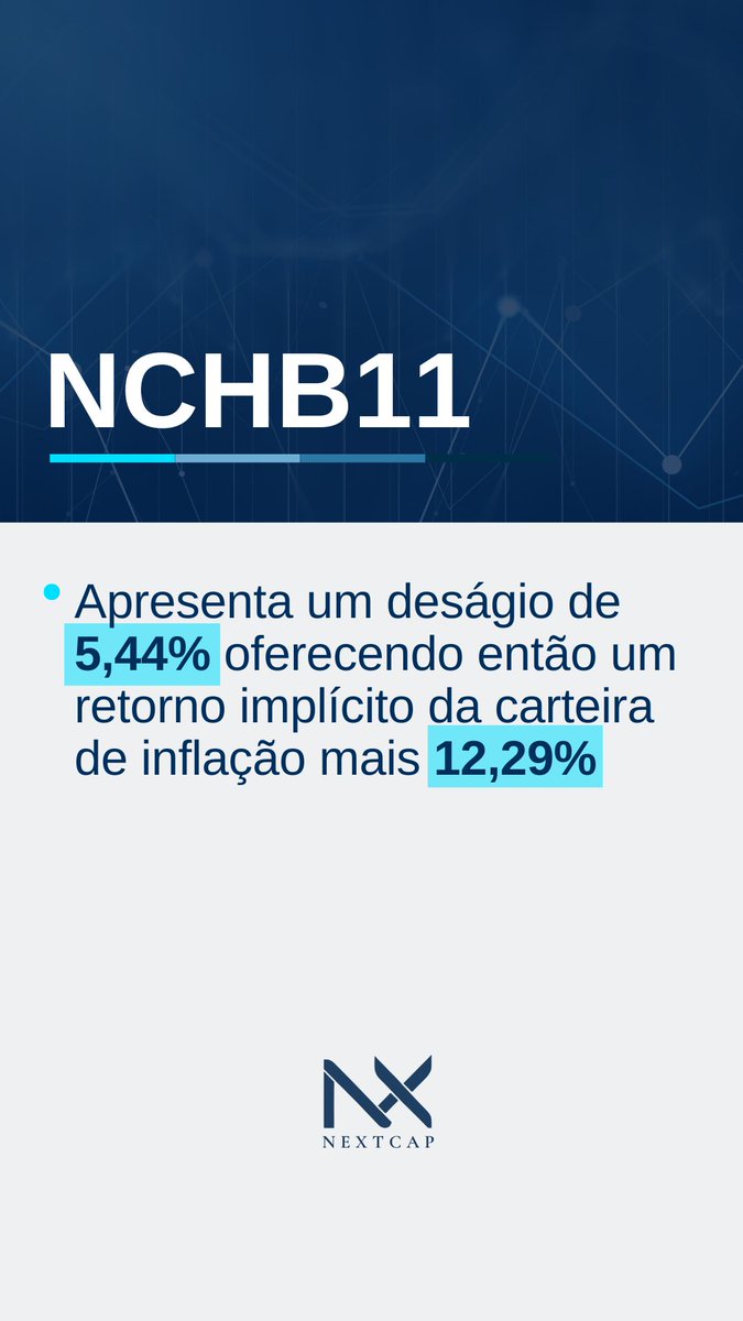 NextCapAsset's tweet image. NCHB11 apresenta um deságio de 5,44% oferecendo então um retorno implícito da carteira de inflação mais 12,29%.

Se interessou pelo NCHB11? Entre em contato conosco!

Nossas redes:
Instagram: @nextcapasset

LinkedIn: NextCap Fundos de Investimento
Twitter: @nextcapasset

Youtube:…