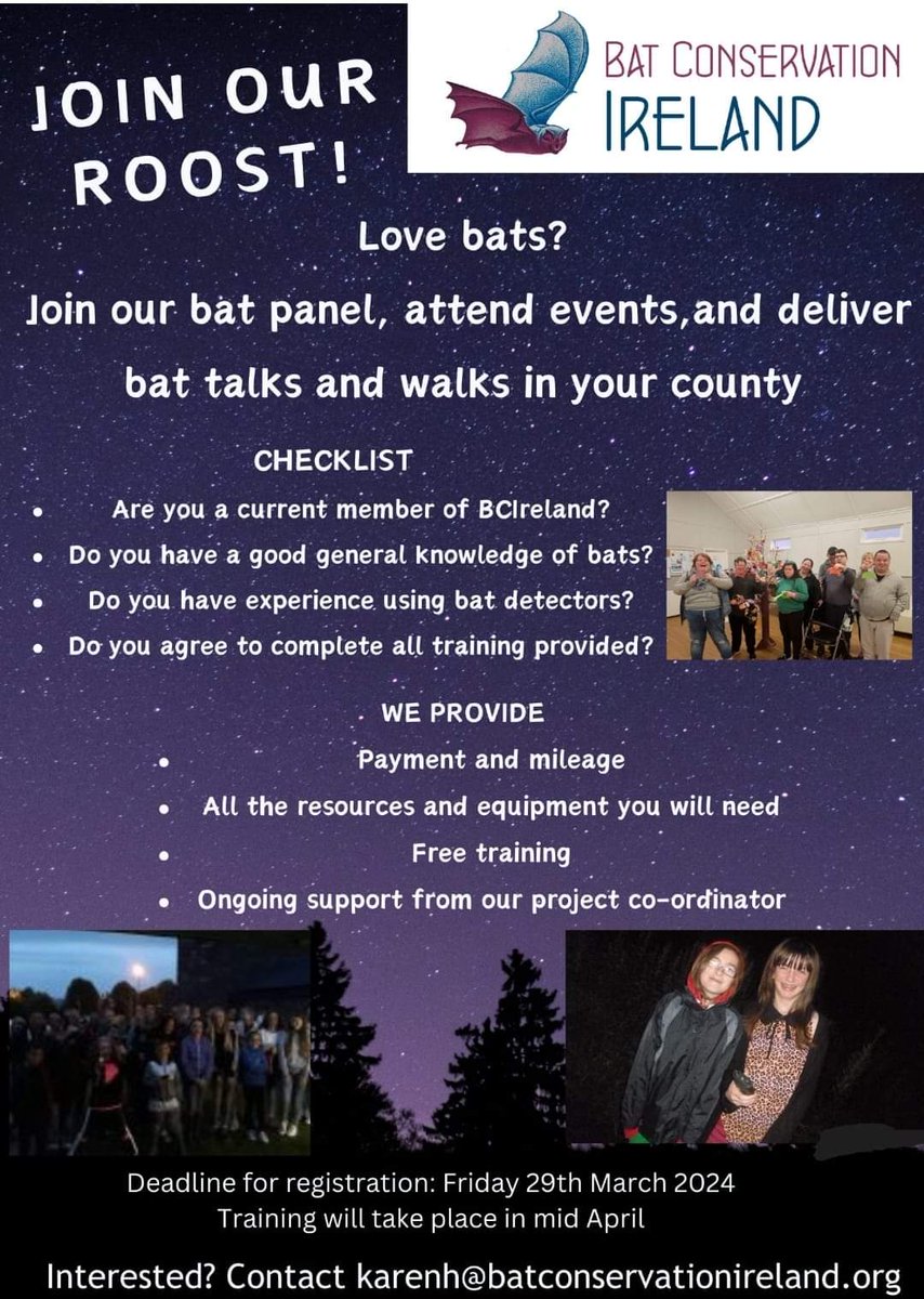 🦇JOIN OUR ROOST 🦇 Last chance to join our new Bat Panel - registration closes this Friday 29th March @ 5pm For more information email karenh@batconservationireland.org #LoveBats #BatConservationIreland #IrishBats #bats #wildlife #events