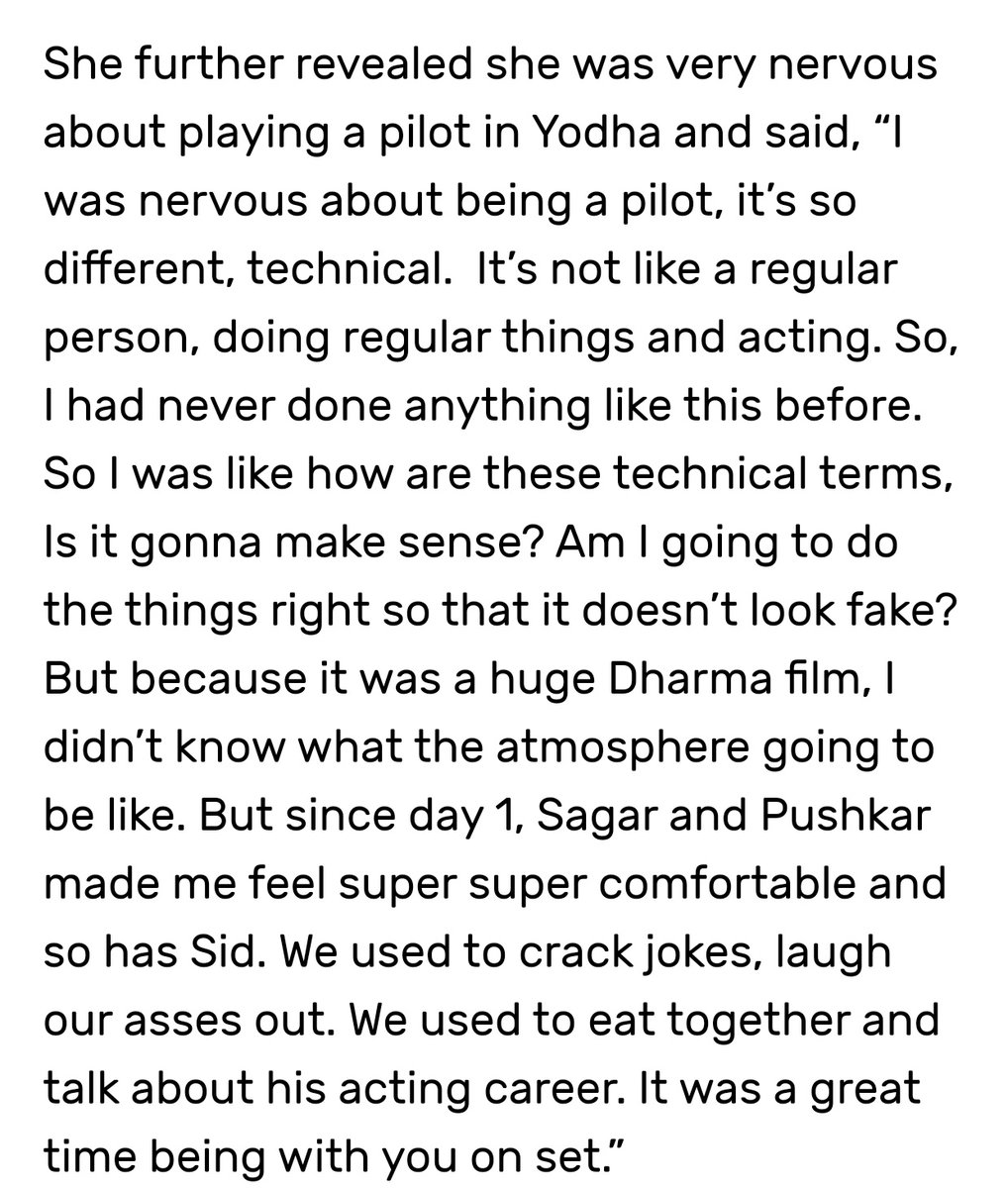 @SidMalhotra “Since day 1, Sagar & Pushkar made me feel super super comfortable & so has @SidMalhotra. We used to crack jokes, laugh our asses out. We used to eat together & talk about his acting career. It was a great time being with you on set.” - #KritikaBhardwaj #SidharthMalhotra #Yodha