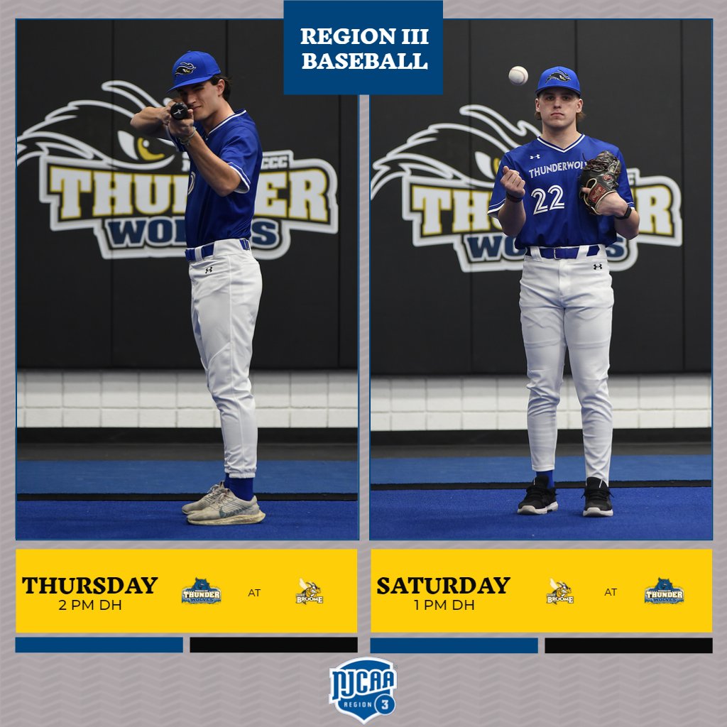 BASE: Your No. 6 <a href="/NiagaraTwolves/">SUNY NIAGARA BASEBALL</a> open up <a href="/NJCAAReg3/">NJCAA REGION 3</a> play with a four-game set vs. <a href="/BroomeAthletics/">Broome Athletics</a>! 2 p.m. DH Thurs. at Broome &amp; 1 p.m. DH Sat. at Sal Maglie! #RollWolves ⚾️🐺💪