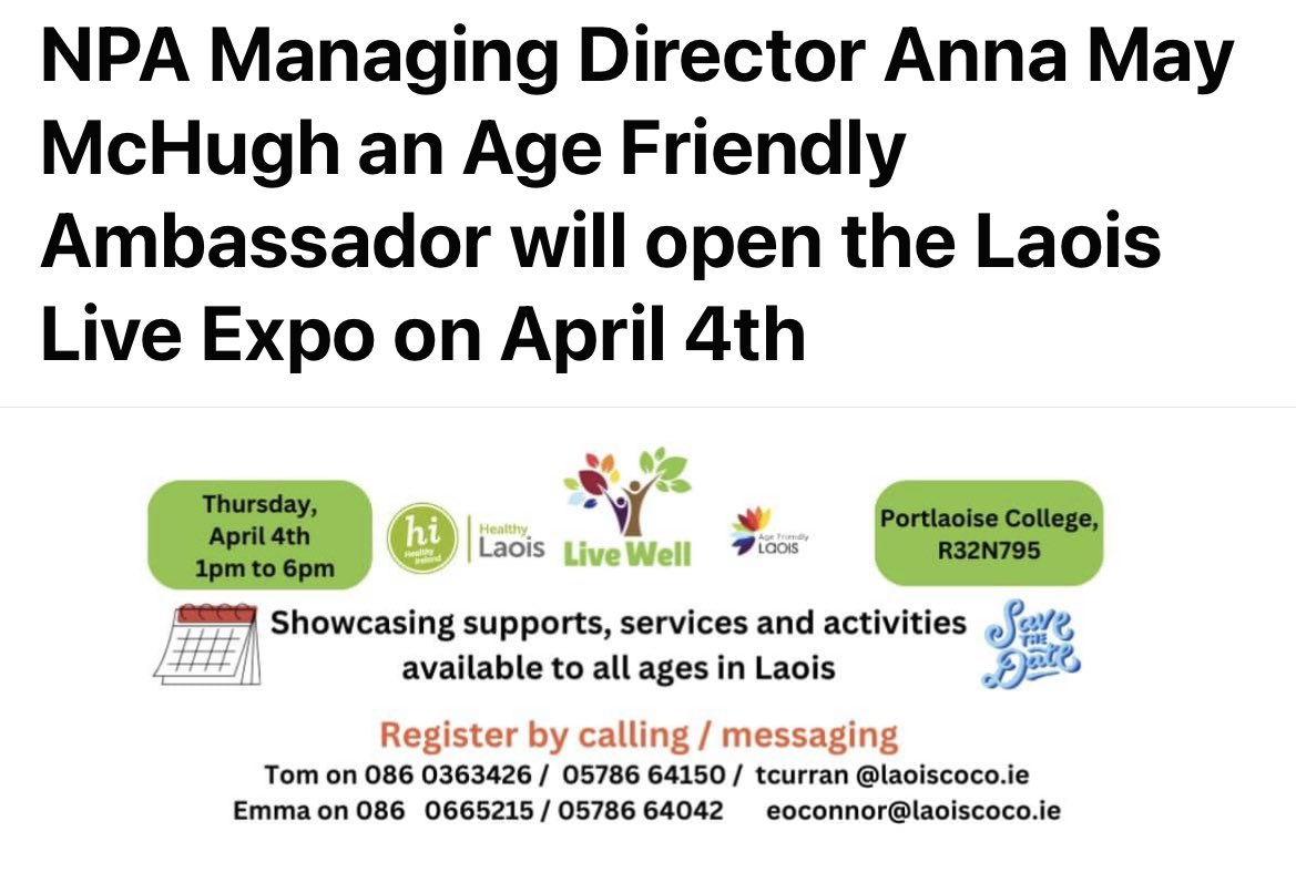 #Laois #AgeFriendly #LiveExpo #QueenofthePlough @MidlandsIreland @MidlandTrib @Midlands103 @kfmradio @LaoisCouncil @LEOLaois @LaoisGAA1 @LaoisNews @LaoisToday @LaoisBusinesses @LaoisBuzNet