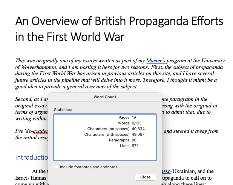 Finally finished the draft of my #FWW British Propaganda article for my website. Just have some footnotes to check, a couple of bio bits to add, and it needs proofing, but the finishing line is in sight.