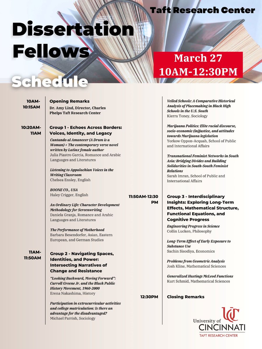 We're just minutes away from the start of our Taft Dissertation Fellows presentations! See the event schedule for a full list of presenters and their projects. Attend 10AM-12:30PM in-person or via Zoom: bit.ly/TaftDFs